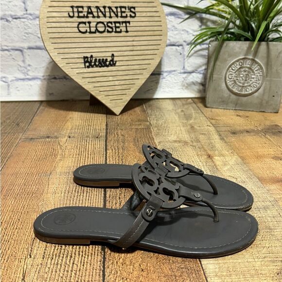 Tory Burch Miller Sandals Leather Dark Gray Matte Flip Flop Size 9 - Picture 10 of 11